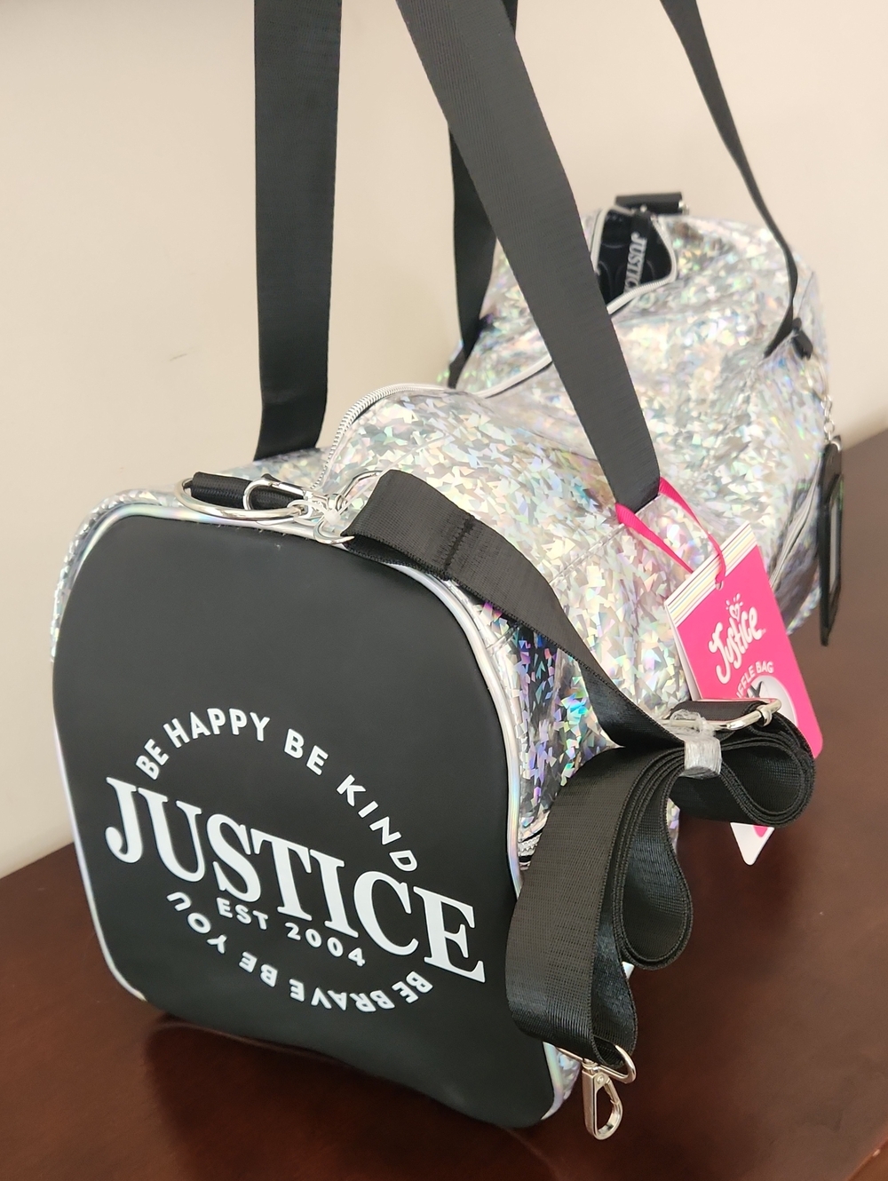 Justice Holographic Duffel Bag with Black End Panels